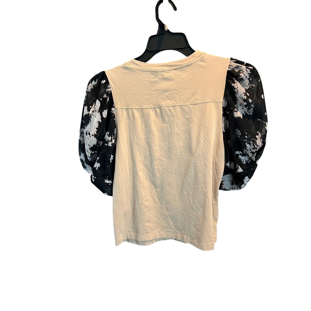 DKNY Womens Mixed Media Puff Sleeve Top Beige Black Floral Metallic P41HEOOJ M - Picture 2 of 7